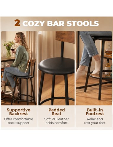 HOMCOM Space Saving Bar Table and PU Leather Stools for 2, 3 Piece Breakfast Bar Table Set with Storage Shelves, Rustic Brown