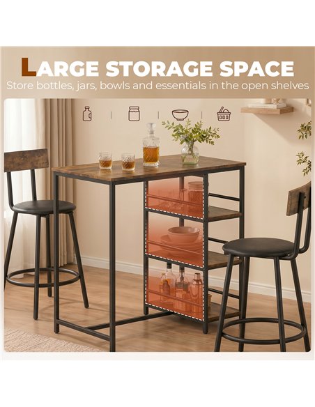 HOMCOM Space Saving Bar Table and PU Leather Stools for 2, 3 Piece Breakfast Bar Table Set with Storage Shelves, Rustic Brown - pic 184078 | FastDaddyshop