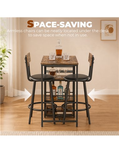 HOMCOM Space Saving Bar Table and PU Leather Stools for 2, 3 Piece Breakfast Bar Table Set with Storage Shelves, Rustic Brown
