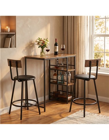 HOMCOM Space Saving Bar Table and PU Leather Stools for 2, 3 Piece Breakfast Bar Table Set with Storage Shelves, Rustic Brown