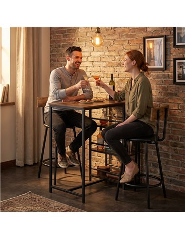 HOMCOM Space Saving Bar Table and PU Leather Stools for 2, 3 Piece Breakfast Bar Table Set with Storage Shelves, Rustic Brown