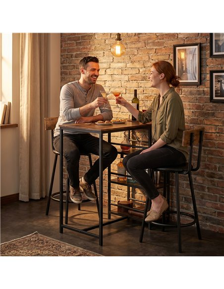 HOMCOM Space Saving Bar Table and PU Leather Stools for 2, 3 Piece Breakfast Bar Table Set with Storage Shelves, Rustic Brown - pic 184081 | FastDaddyshop