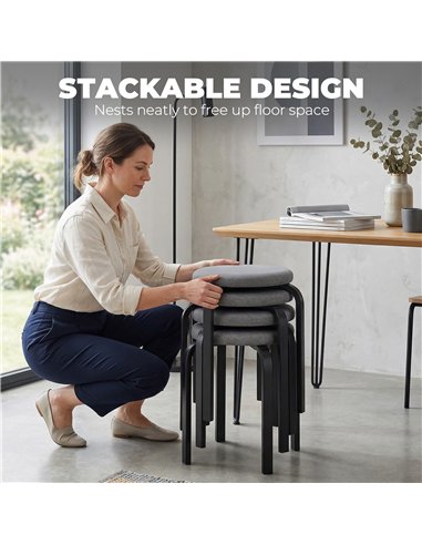 HOMCOM Stackable Stools Modern Cushioned Round Backless Stools Set of 4 Kitchen Dining Room Dark Grey