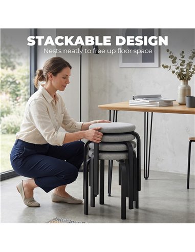 HOMCOM Stackable Stools Modern Cushioned Round Backless Stools Set of 4 Kitchen Dining Room Grey