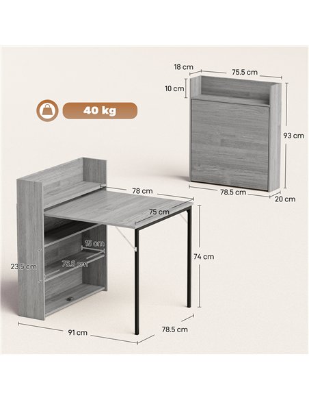 HOMCOM Kitchen Table, Folding Dining Table, with 4-Tier Shelves, Modern Drop-Leaf Table, Grey Wood Effect - pic 184129 | FastDaddyshop