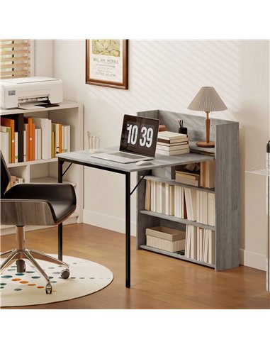 HOMCOM Kitchen Table, Folding Dining Table, with 4-Tier Shelves, Modern Drop-Leaf Table, Grey Wood Effect