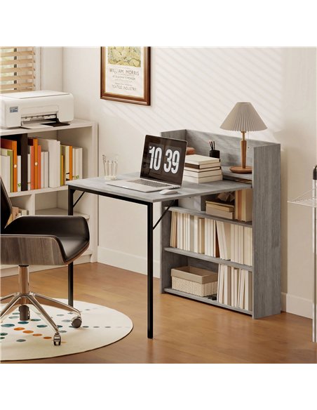 HOMCOM Kitchen Table, Folding Dining Table, with 4-Tier Shelves, Modern Drop-Leaf Table, Grey Wood Effect - pic 184134 | FastDaddyshop
