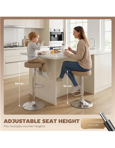 HOMCOM Bar Stools Set of 2, Modern PU Leather Swivel Barstools, Height Adjustable Breakfast Bar Chairs with Footrest, Brown