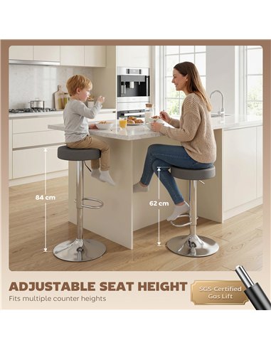 HOMCOM Bar Stools Set of 2, Modern PU Leather Swivel Barstools, Height Adjustable Breakfast Bar Chairs with Footrest, Grey