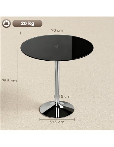 HOMCOM Round Bar Table, Modern Dining Table with Tempered Glass Top and Steel Frame for 4, 70 x 70 x 75.5cm, Black