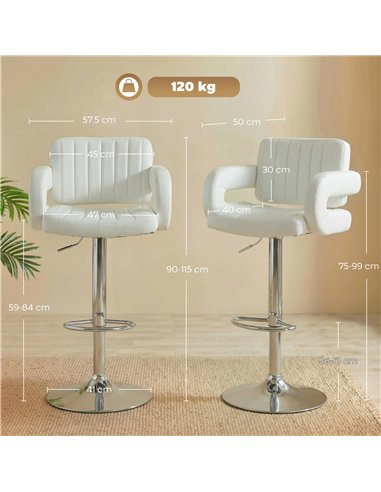 HOMCOM Bar Stools Adjustable Swivel Kitchen Chairs with Backrest Armrest Set of 2 PU Leather White