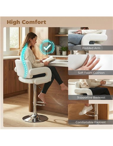 HOMCOM Bar Stools Adjustable Swivel Kitchen Chairs with Backrest Armrest Set of 2 PU Leather White