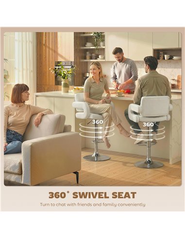 HOMCOM Bar Stools Adjustable Swivel Kitchen Chairs with Backrest Armrest Set of 2 PU Leather White