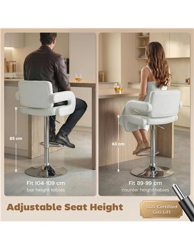 HOMCOM Bar Stools Adjustable Swivel Kitchen Chairs with Backrest Armrest Set of 2 PU Leather White