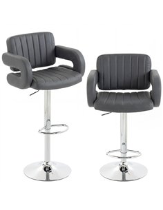HOMCOM Bar Stools Adjustable Swivel Kitchen Chairs with Backrest Armrest Set of 2 PU Leather Grey