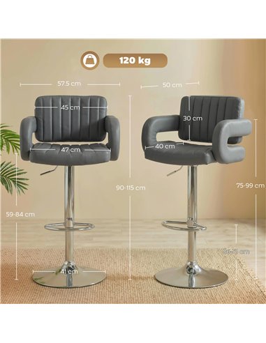 HOMCOM Bar Stools Adjustable Swivel Kitchen Chairs with Backrest Armrest Set of 2 PU Leather Grey