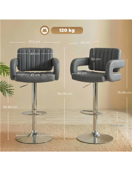 HOMCOM Bar Stools Adjustable Swivel Kitchen Chairs with Backrest Armrest Set of 2 PU Leather Grey - pic 184282 | FastDaddyshop