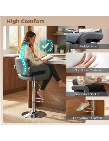 HOMCOM Bar Stools Adjustable Swivel Kitchen Chairs with Backrest Armrest Set of 2 PU Leather Grey