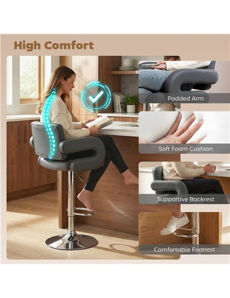 HOMCOM Bar Stools Adjustable Swivel Kitchen Chairs with Backrest Armrest Set of 2 PU Leather Grey - pic 184283 | FastDaddyshop