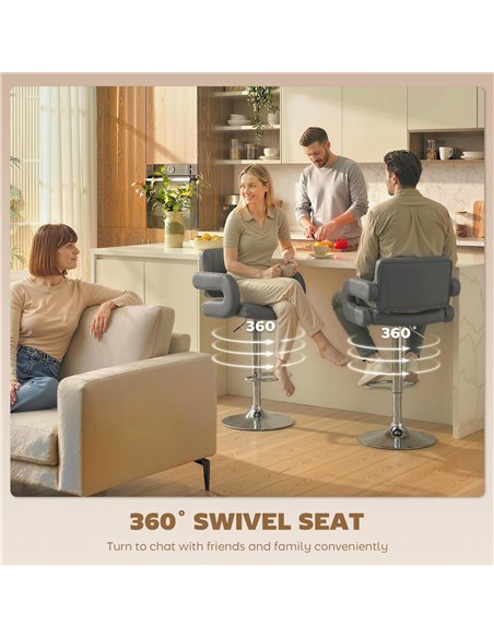 HOMCOM Bar Stools Adjustable Swivel Kitchen Chairs with Backrest Armrest Set of 2 PU Leather Grey - pic 184284 | FastDaddyshop