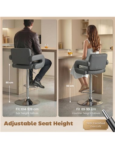 HOMCOM Bar Stools Adjustable Swivel Kitchen Chairs with Backrest Armrest Set of 2 PU Leather Grey
