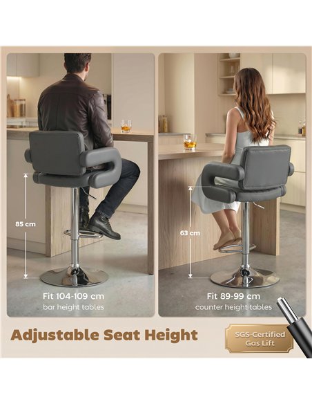 HOMCOM Bar Stools Adjustable Swivel Kitchen Chairs with Backrest Armrest Set of 2 PU Leather Grey - pic 184285 | FastDaddyshop