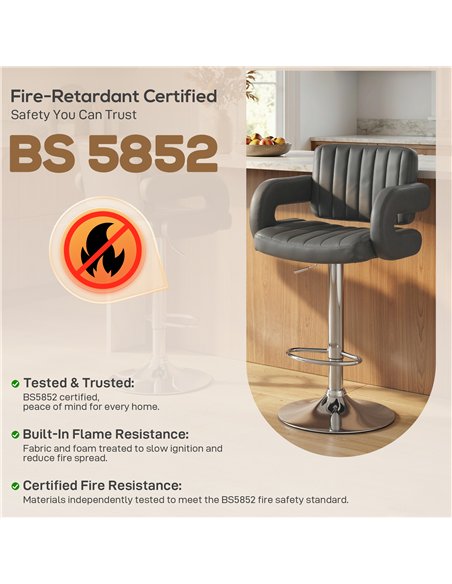 HOMCOM Bar Stools Adjustable Swivel Kitchen Chairs with Backrest Armrest Set of 2 PU Leather Grey - pic 184288 | FastDaddyshop