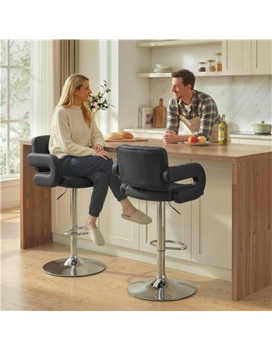 HOMCOM Bar Stools Adjustable Swivel Kitchen Chairs with Backrest Armrest Set of 2 PU Leather Black