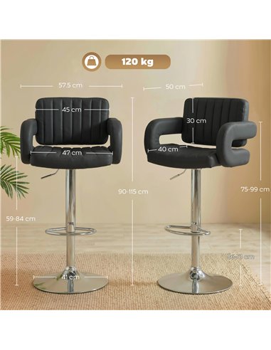 HOMCOM Bar Stools Adjustable Swivel Kitchen Chairs with Backrest Armrest Set of 2 PU Leather Black