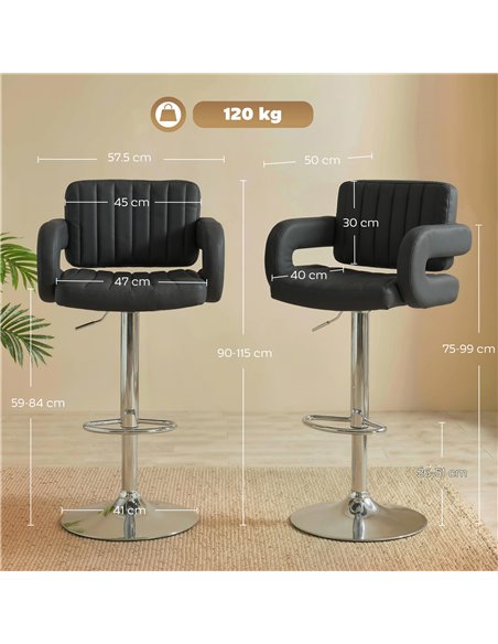 HOMCOM Bar Stools Adjustable Swivel Kitchen Chairs with Backrest Armrest Set of 2 PU Leather Black - pic 184291 | FastDaddyshop