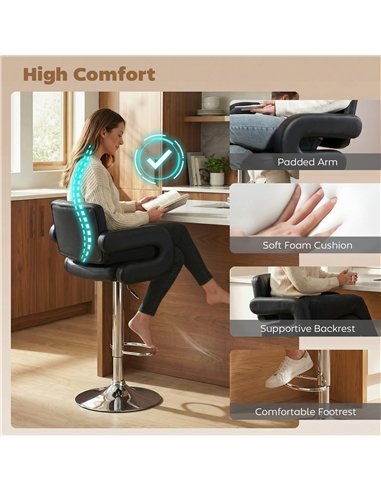 HOMCOM Bar Stools Adjustable Swivel Kitchen Chairs with Backrest Armrest Set of 2 PU Leather Black