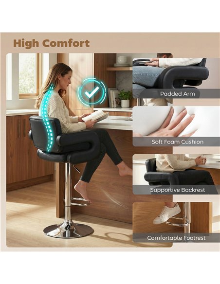 HOMCOM Bar Stools Adjustable Swivel Kitchen Chairs with Backrest Armrest Set of 2 PU Leather Black - pic 184292 | FastDaddyshop