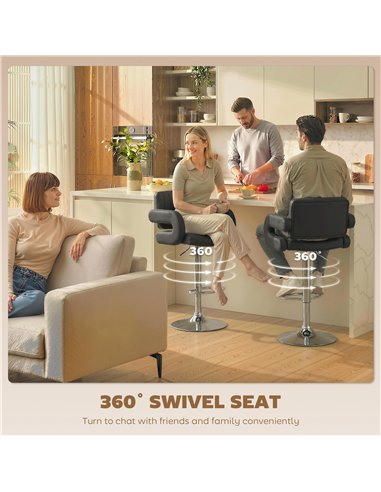 HOMCOM Bar Stools Adjustable Swivel Kitchen Chairs with Backrest Armrest Set of 2 PU Leather Black