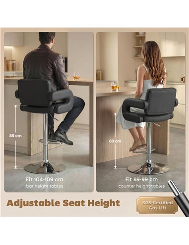 HOMCOM Bar Stools Adjustable Swivel Kitchen Chairs with Backrest Armrest Set of 2 PU Leather Black