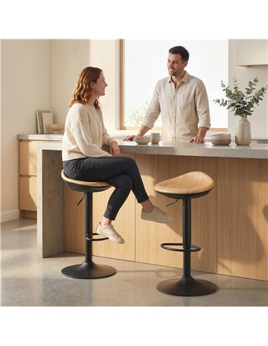 HOMCOM Set of 2 Barstools PU Leather Kitchen Stools with Saddle Seat Height Adjustable Swivel Kitchen Chairs with Footrest Oak