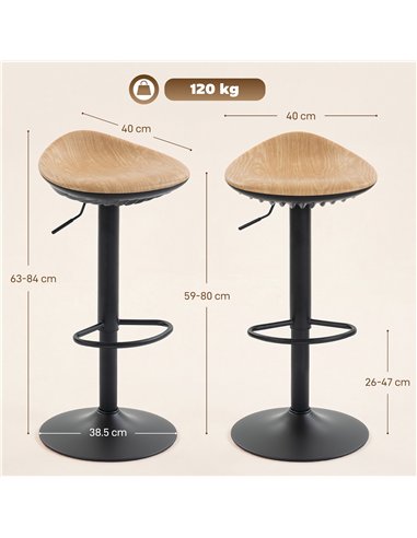 HOMCOM Set of 2 Barstools PU Leather Kitchen Stools with Saddle Seat Height Adjustable Swivel Kitchen Chairs with Footrest Oak