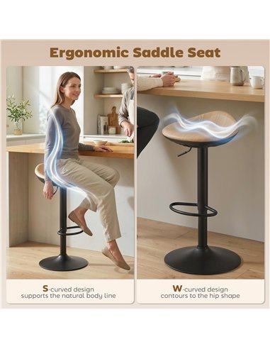 HOMCOM Set of 2 Barstools PU Leather Kitchen Stools with Saddle Seat Height Adjustable Swivel Kitchen Chairs with Footrest Oak