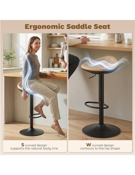 HOMCOM Set of 2 Barstools PU Leather Kitchen Stools with Saddle Seat Height Adjustable Swivel Kitchen Chairs with Footrest Oak - pic 184301 | FastDaddyshop