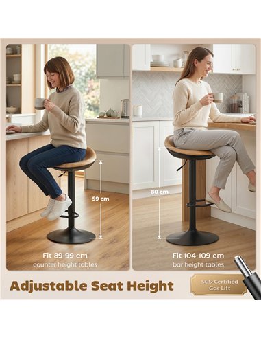 HOMCOM Set of 2 Barstools PU Leather Kitchen Stools with Saddle Seat Height Adjustable Swivel Kitchen Chairs with Footrest Oak