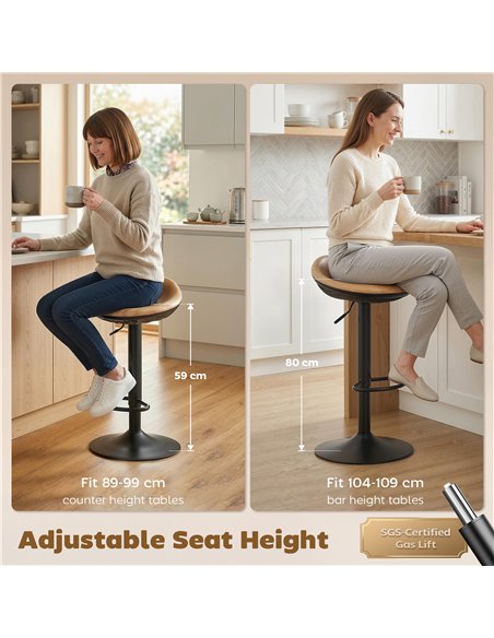 HOMCOM Set of 2 Barstools PU Leather Kitchen Stools with Saddle Seat Height Adjustable Swivel Kitchen Chairs with Footrest Oak - pic 184303 | FastDaddyshop