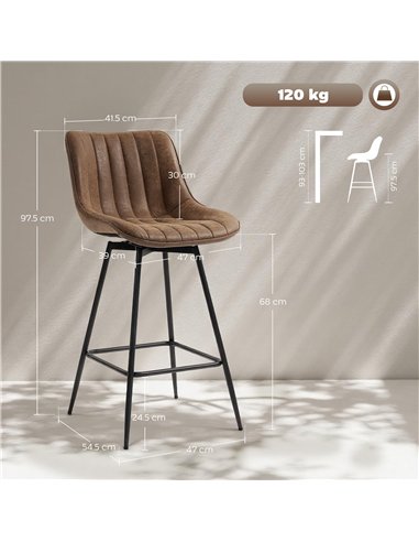 HOMCOM Set of 2 PU Leather Swivel Bar Stools - Brown