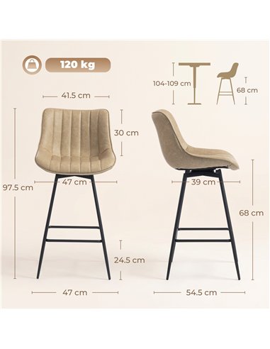 HOMCOM Set of 2 PU Leather Swivel Bar Stools - Light Brown
