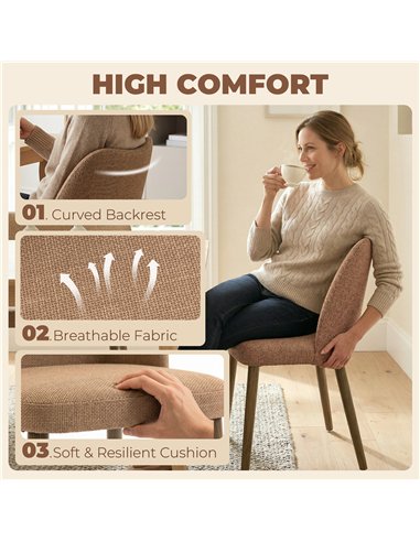 HOMCOM Dining Chairs Set of 2, Linen Upholstered Kitchen Chairs with Padded Seat, Curved Backrest, Rubberwood Legs, Brown