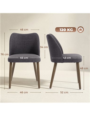 HOMCOM Dining Chairs Set of 2, Linen Upholstered Kitchen Chairs with Padded Seat, Curved Backrest, Rubberwood Legs, Dark Grey