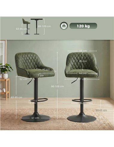 HOMCOM Bar Stools Adjustable Swivel Kitchen Chairs with Backrest Set of 2 for Kitchen Island Dark Green