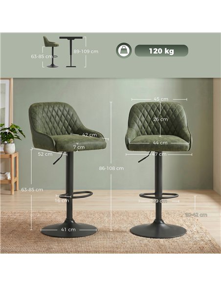 HOMCOM Bar Stools Adjustable Swivel Kitchen Chairs with Backrest Set of 2 for Kitchen Island Dark Green - pic 184417 | FastDaddyshop