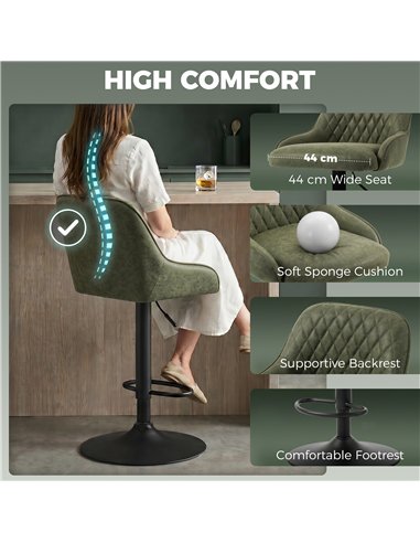 HOMCOM Bar Stools Adjustable Swivel Kitchen Chairs with Backrest Set of 2 for Kitchen Island Dark Green