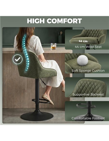 HOMCOM Bar Stools Adjustable Swivel Kitchen Chairs with Backrest Set of 2 for Kitchen Island Dark Green - pic 184418 | FastDaddyshop