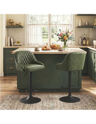 HOMCOM Bar Stools Adjustable Swivel Kitchen Chairs with Backrest Set of 2 for Kitchen Island Dark Green