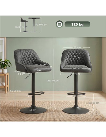 HOMCOM Bar Stools Adjustable Swivel Kitchen Chairs with Backrest Set of 2 for Kitchen Island Dark Grey - pic 184426 | FastDaddyshop